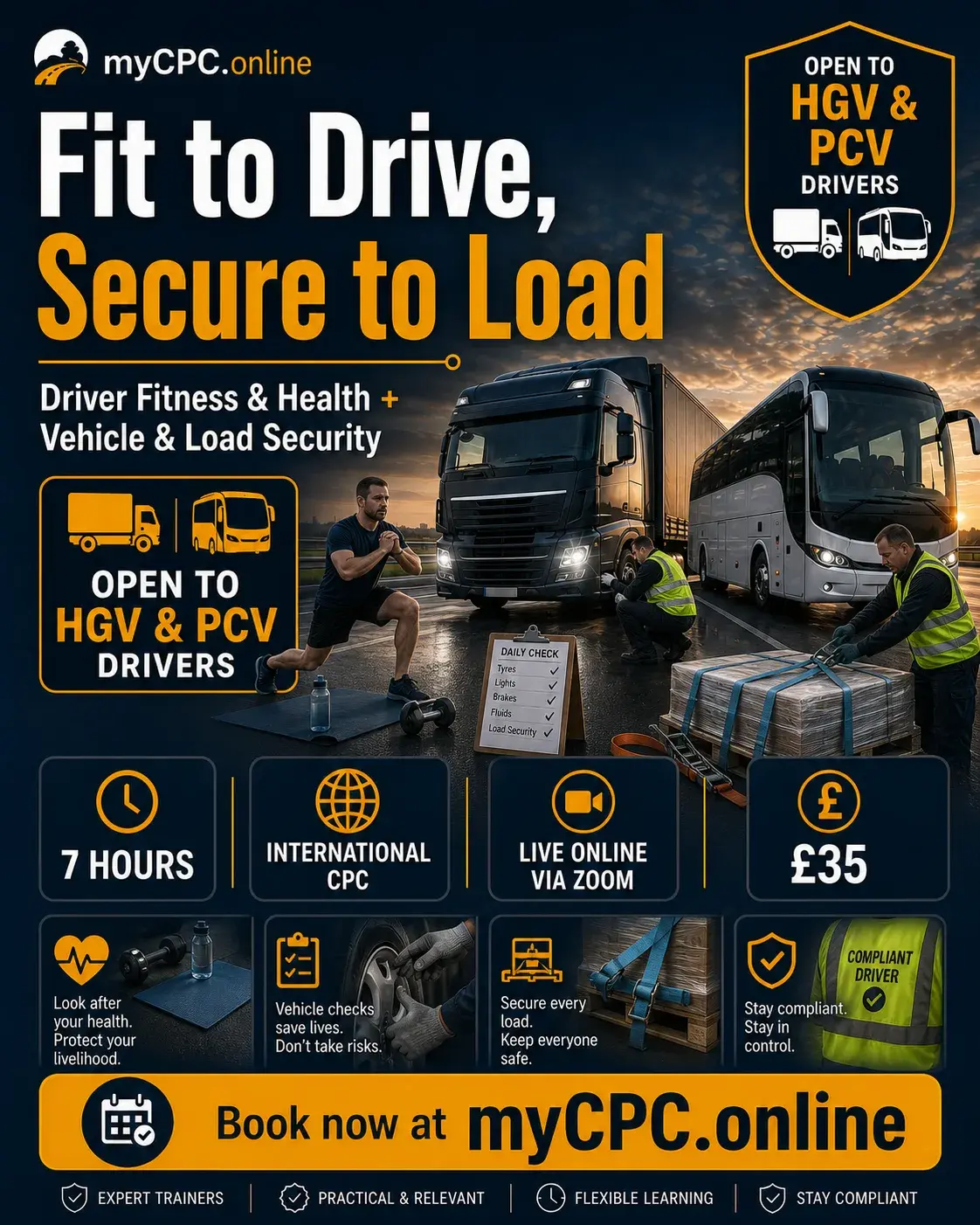 Promotional artwork for Fit to Drive, Secure to Load, open to HGV and PCV drivers.