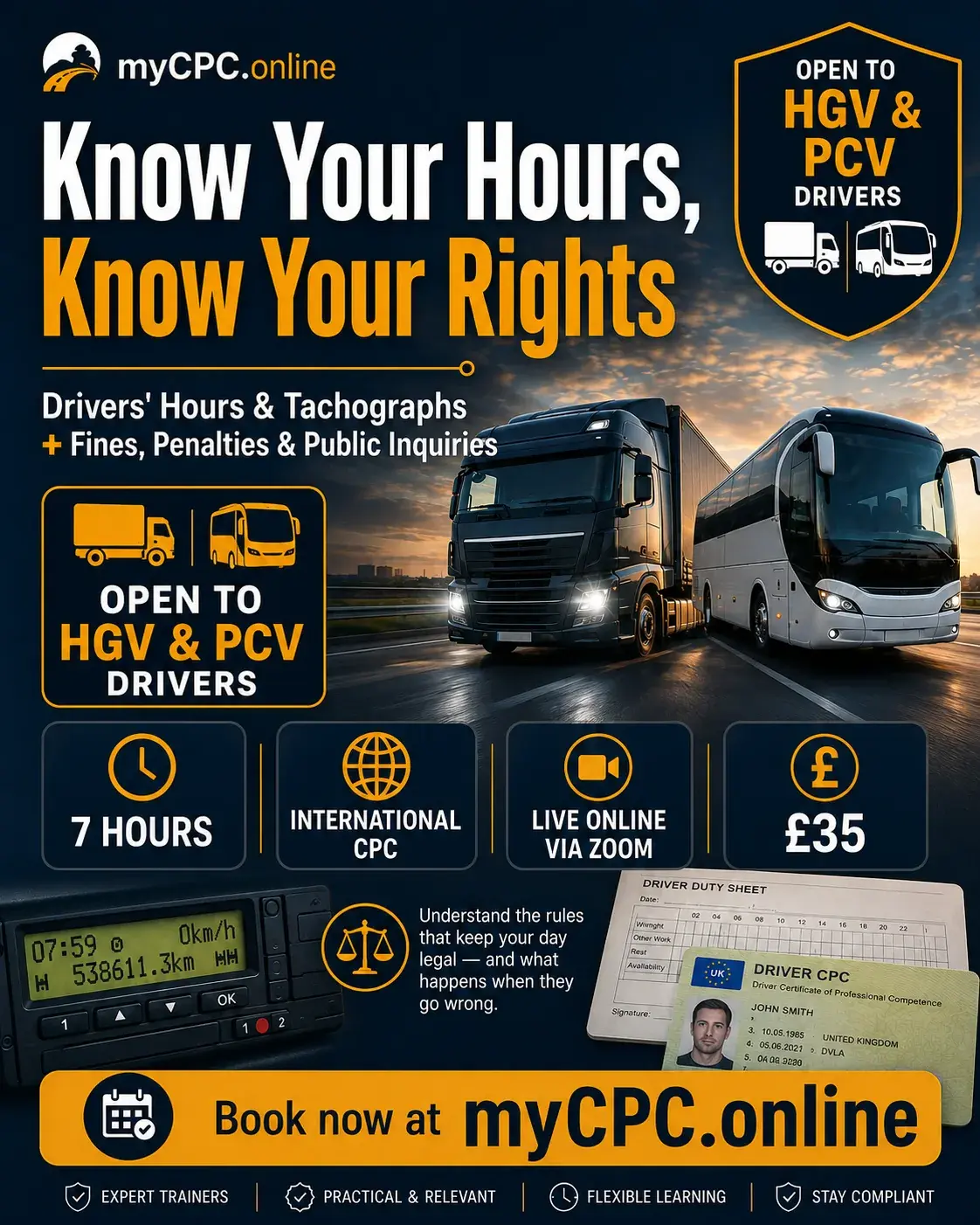 Promotional artwork for Know Your Hours, Know Your Rights, open to HGV and PCV drivers.