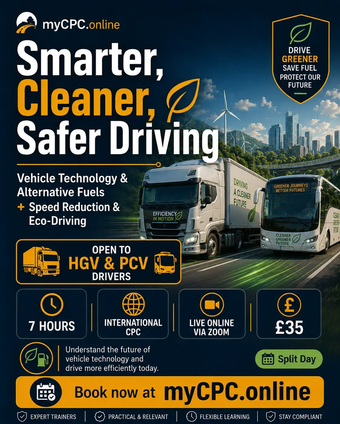 Promotional artwork for Smarter, Cleaner, Safer Driving, open to HGV and PCV drivers.