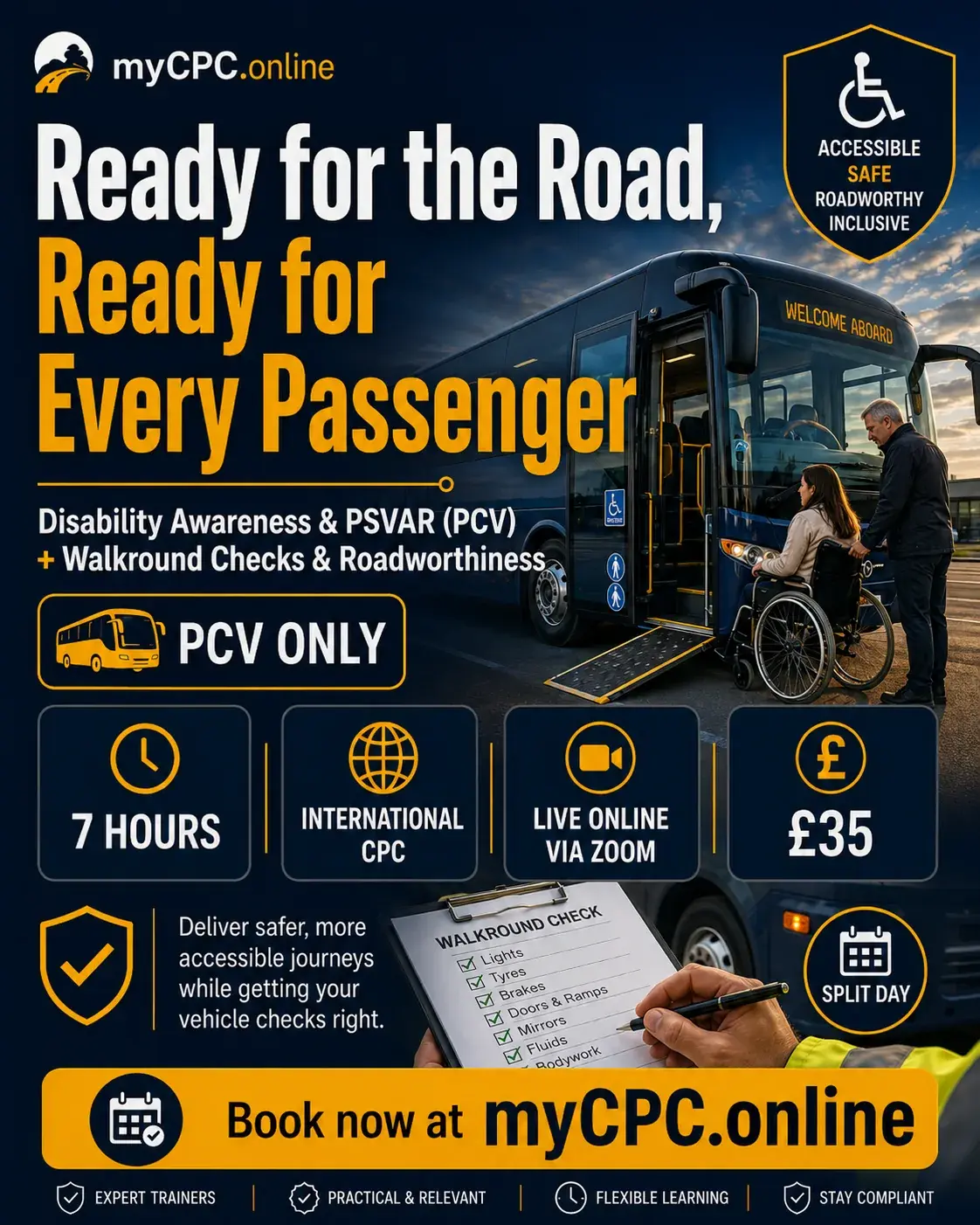 Promotional artwork for Ready for the Road, Ready for Every Passenger, for bus and coach drivers.